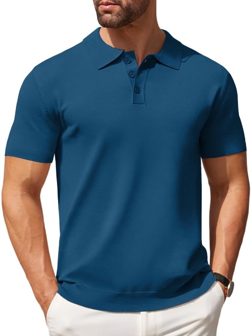 Men Denim Blue Knit Polo Shirts Casual Short Sleeve Button Down Golf Tee Classic